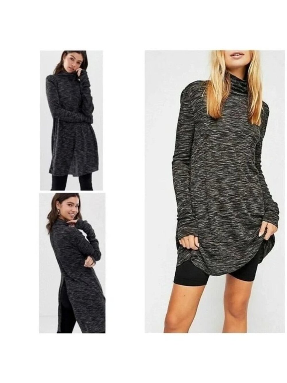 Free People Stone Cold Marled Gray Split Back Turtleneck Tunic - Picture 2 of 8